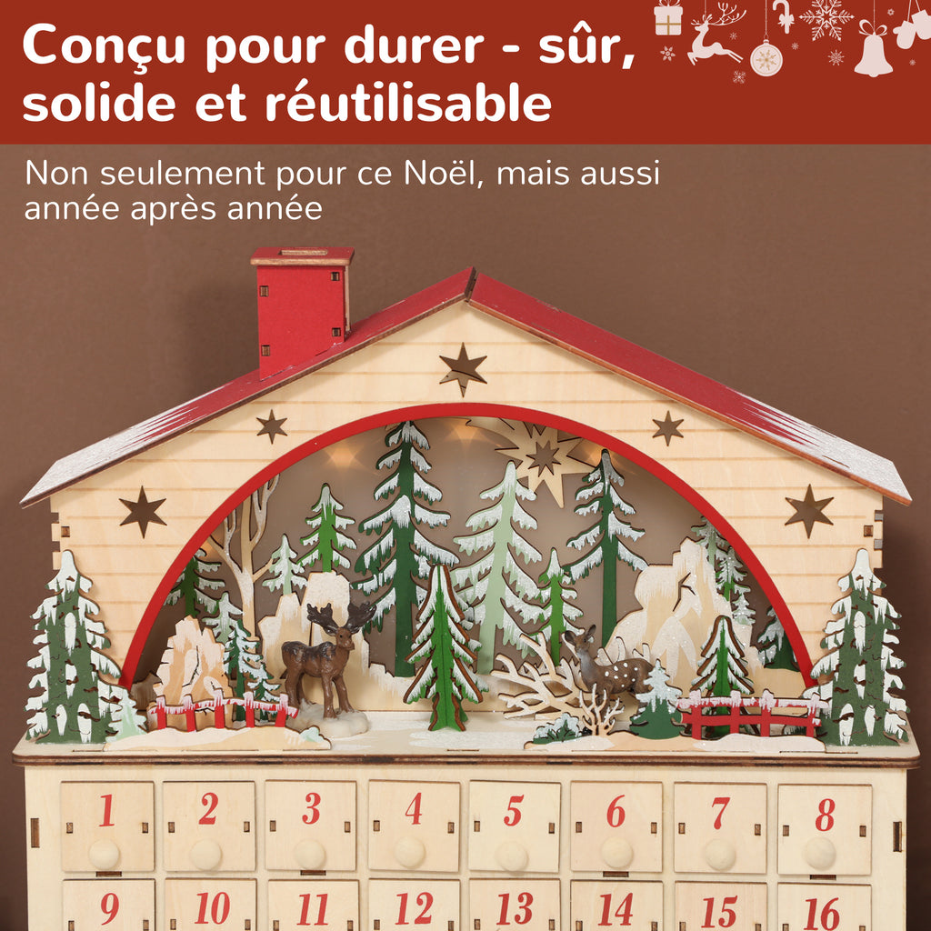 Calendario dell’Avvento di Natale con villaggio in legno, 24 cassetti e 15 LED