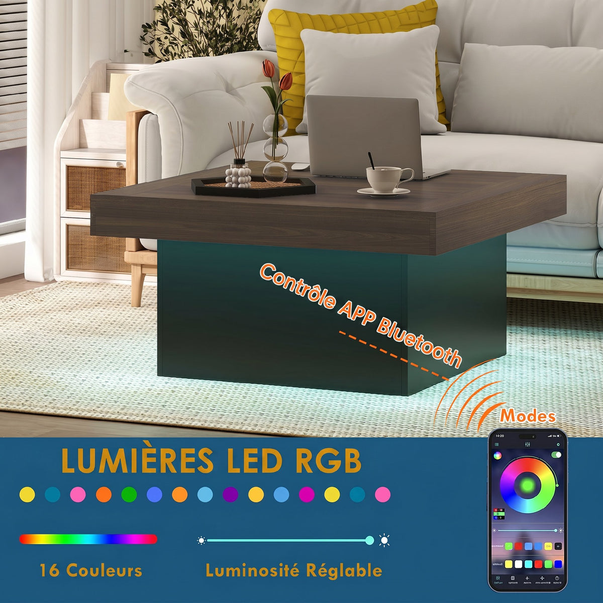 Table basse carrée avec éclairage LED 16 couleurs, table de salon moderne, 90 x 90 x 45 cm, noyer-3