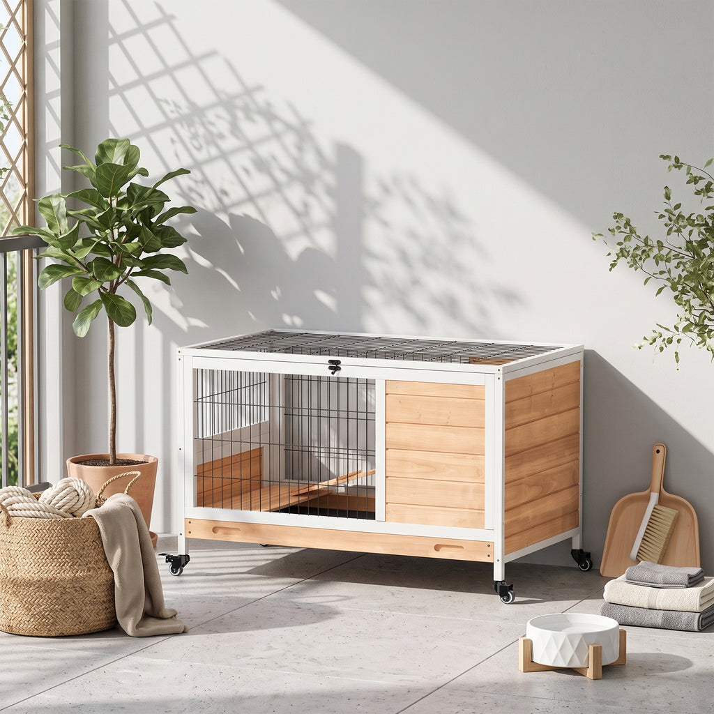 Clapier lapin intérieur clapier pour cochon d'inde en bois avec toit ouvrant et roulettes 90 x 53 x 59 cm jaune et blanc-1