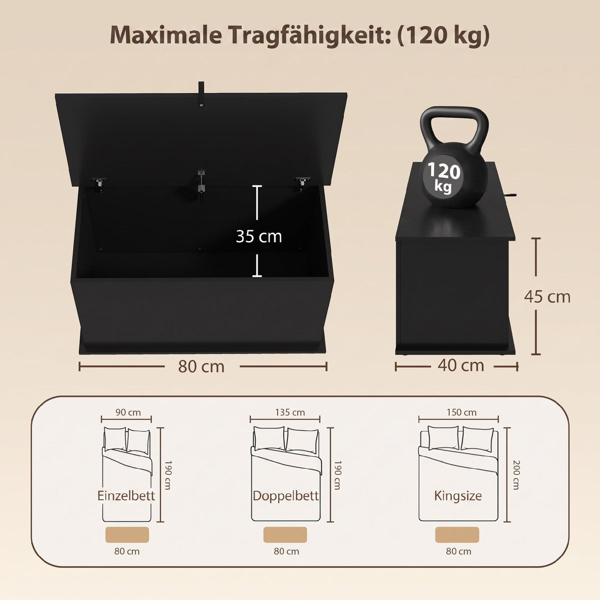 Coffre de Rangement, Banc de Rangement avec Couvercle Rabattable et Charnières de Sécurité, 80 x 40 x 45 cm, Noir-2