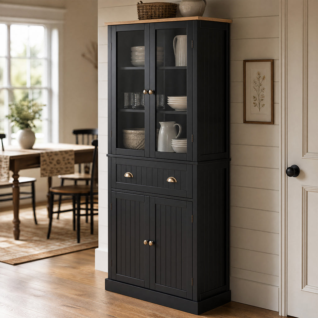Buffet meuble cuisine rangement armoire de cuisine 4 portes dont 2 portes vitrées et 1 tiroir étagères réglables - noir-1
