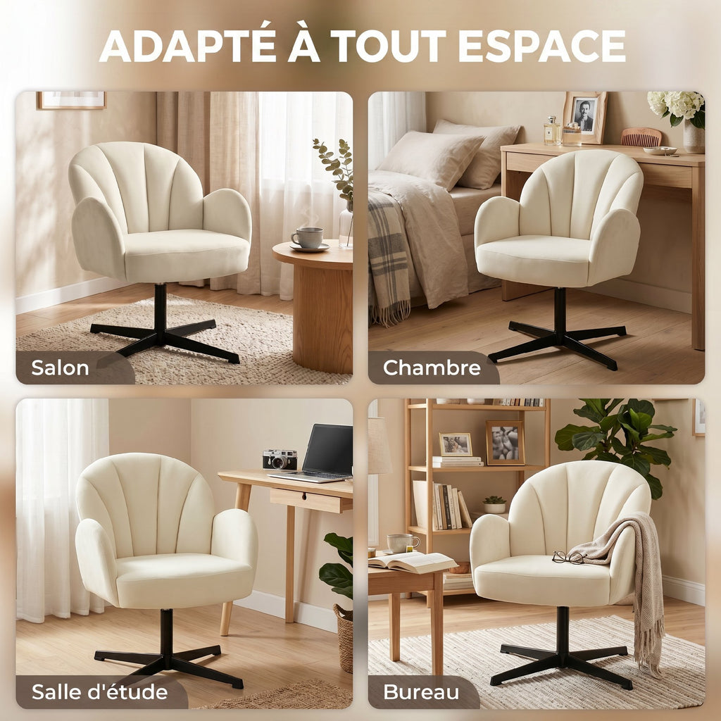 Fauteuil salon pivotant fauteuil d'appoint rembourré en velours dossier en forme de coquille coussin à ressorts beige-6