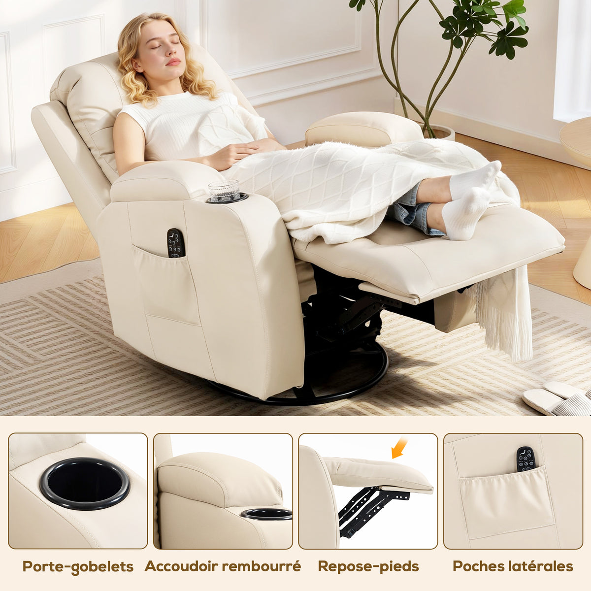 Fauteuil inclinable de massage et chauffage, fauteuil de relaxation, dossier réglable, pivotant 360°, 82x99x103cm, crème-6