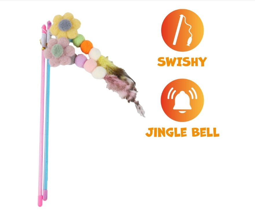 Giocattolo per gatti UNIQ PETS SWISHY, canna da pesca con piuma colorata e campanellino, 31-51 cm