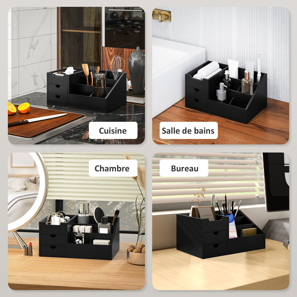 Boite de Rangement de Bureau - Organiseur de Bureau - 7 Compartiments, 2 tiroirs - Bambou Verni Noir-6