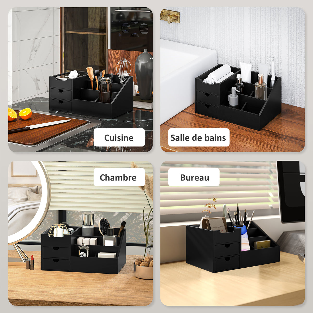 Boite de Rangement de Bureau - Organiseur de Bureau - 7 Compartiments, 2 tiroirs - Bambou Verni Noir-6