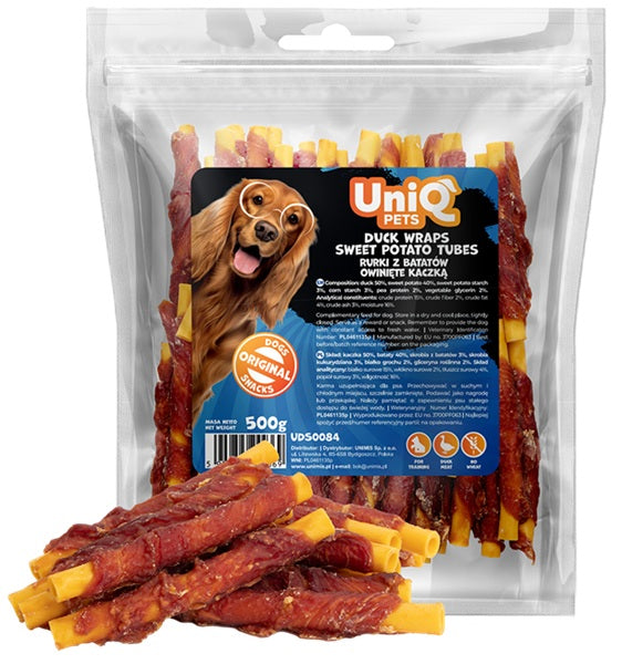 UNIQ PETS DOG SNACKS INVOLTINI DI ANATRA & PATATE DOLCI 500 GR.