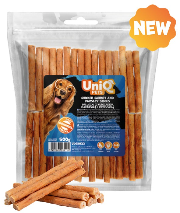 UNIQ PETS DOG SNACKS BASTONCINI DI POLLO, CAROTE & PREZZEMOLO 500 GR.