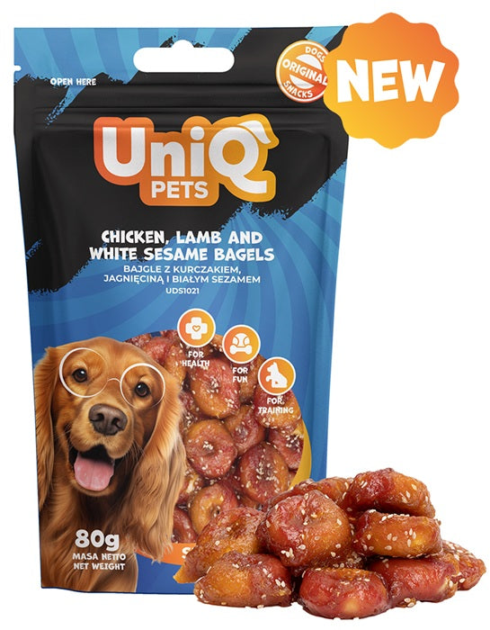 UNIQ PETS DOG SNACKS POLLO & AGNELLO CON BAGEL AL SESAMO 80 GR.