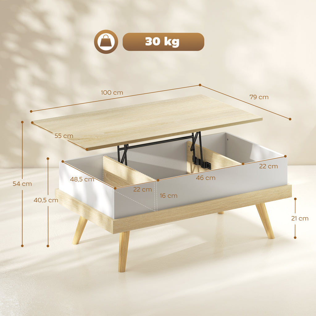 Table Basse Relevable avec 3 Compartiments Cachés, Table de Salon Moderne, Pieds en Bois, 100x79x54cm, Naturel Blanc-2