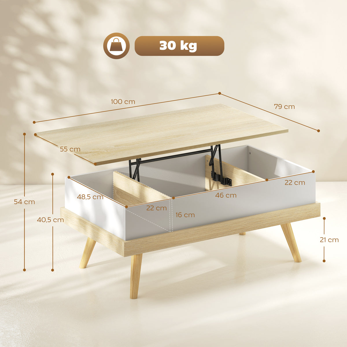 Table Basse Relevable avec 3 Compartiments Cachés, Table de Salon Moderne, Pieds en Bois, 100x79x54cm, Naturel Blanc-2