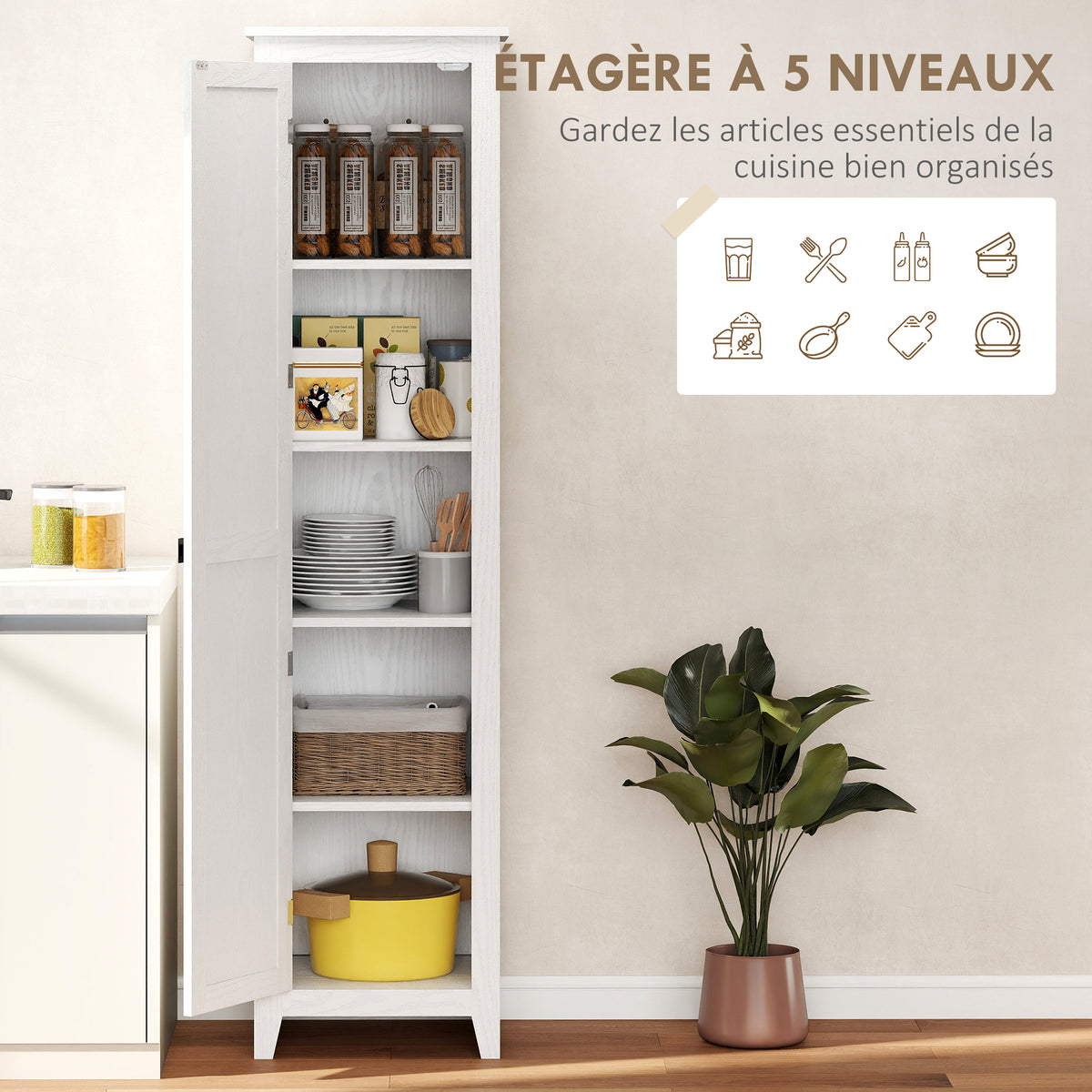 Armoire de Rangement buffet cuisine avec 2 étagères réglables- Hauteur 170 cm en Bois Blanc-3
