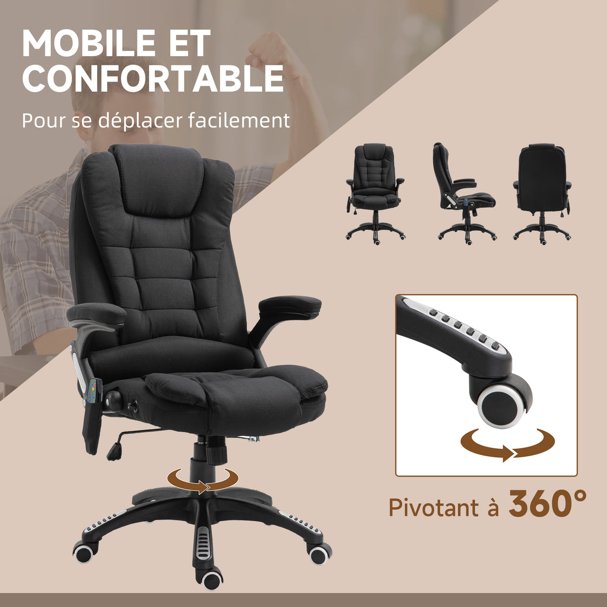 Fauteuil de bureau massant et chauffant, chaise de bureau, chaise ergonomique avec hauteur réglable, dossier-7