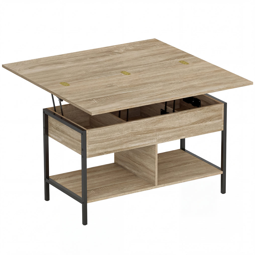 Table basse relevable et extensible, table de salon avec compartiment caché étagères ouvertes, 98x49x55cm, bois naturel-0