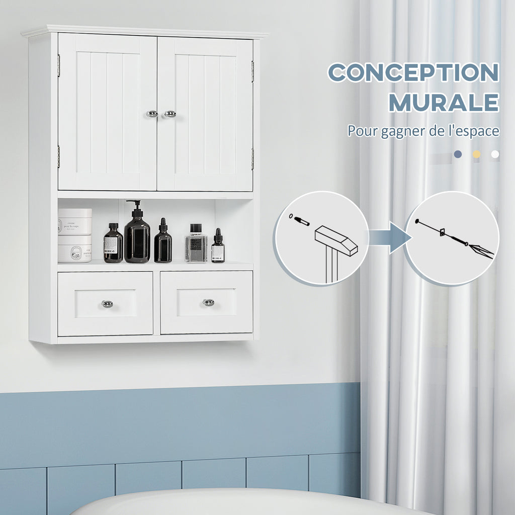 Armoire murale de salle de bain, armoire de toilette, avec portes, étagère, 2 tiroirs, 50,8l x 17,8P x 66H cm, blanc-4