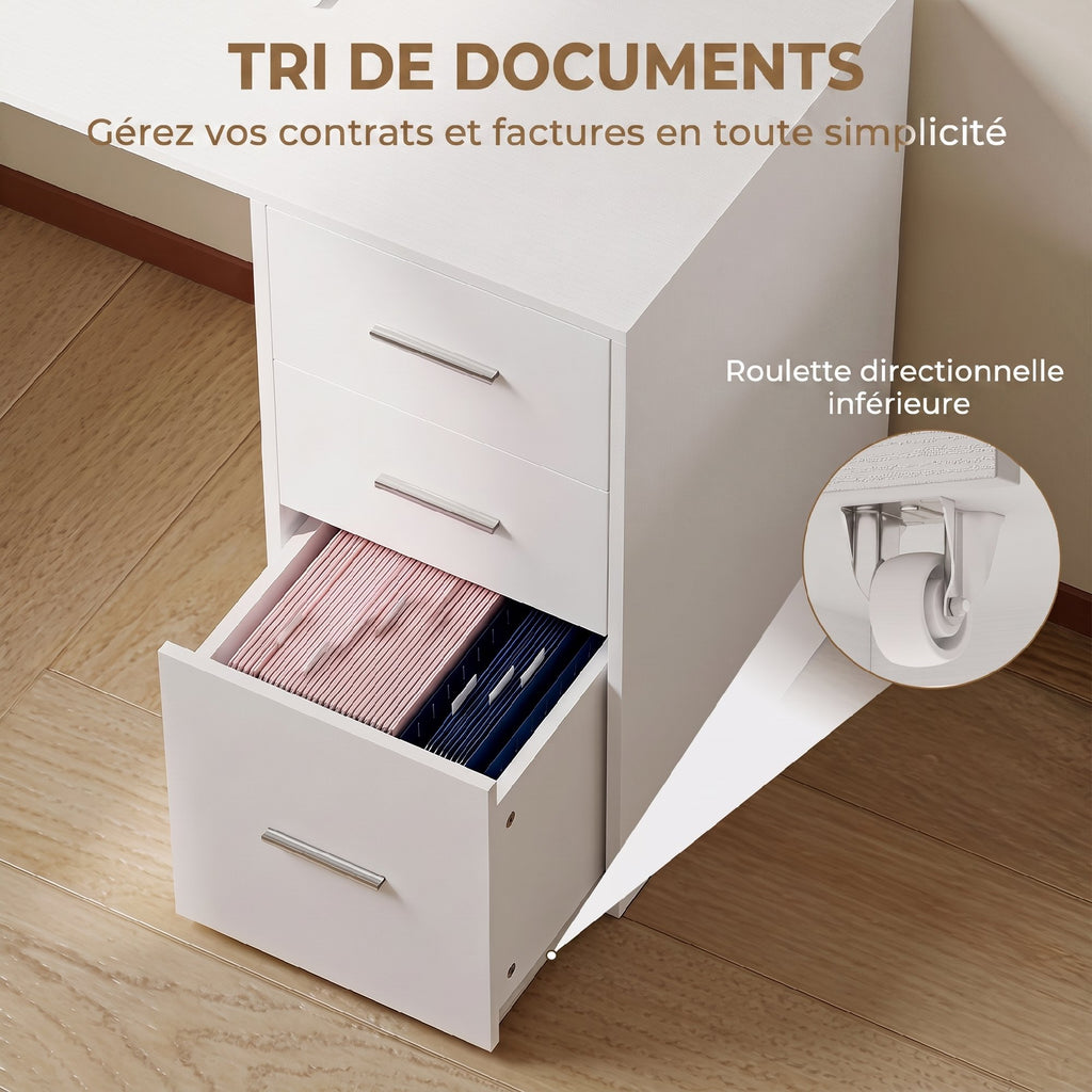 Bureau d'Angle, Bureau Informatique en L, 3 Tiroirs, 5 Compartiments Ouverts, Étagères Réglables, 140x100x75cm, Blanc-4