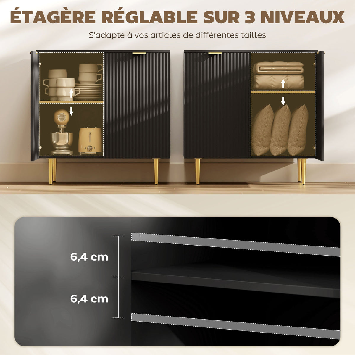 Buffet cuisine meuble de rangement avec 2 portes étagère réglable pieds métalliques surélevés 80 x 40 x 80 cm noir-4