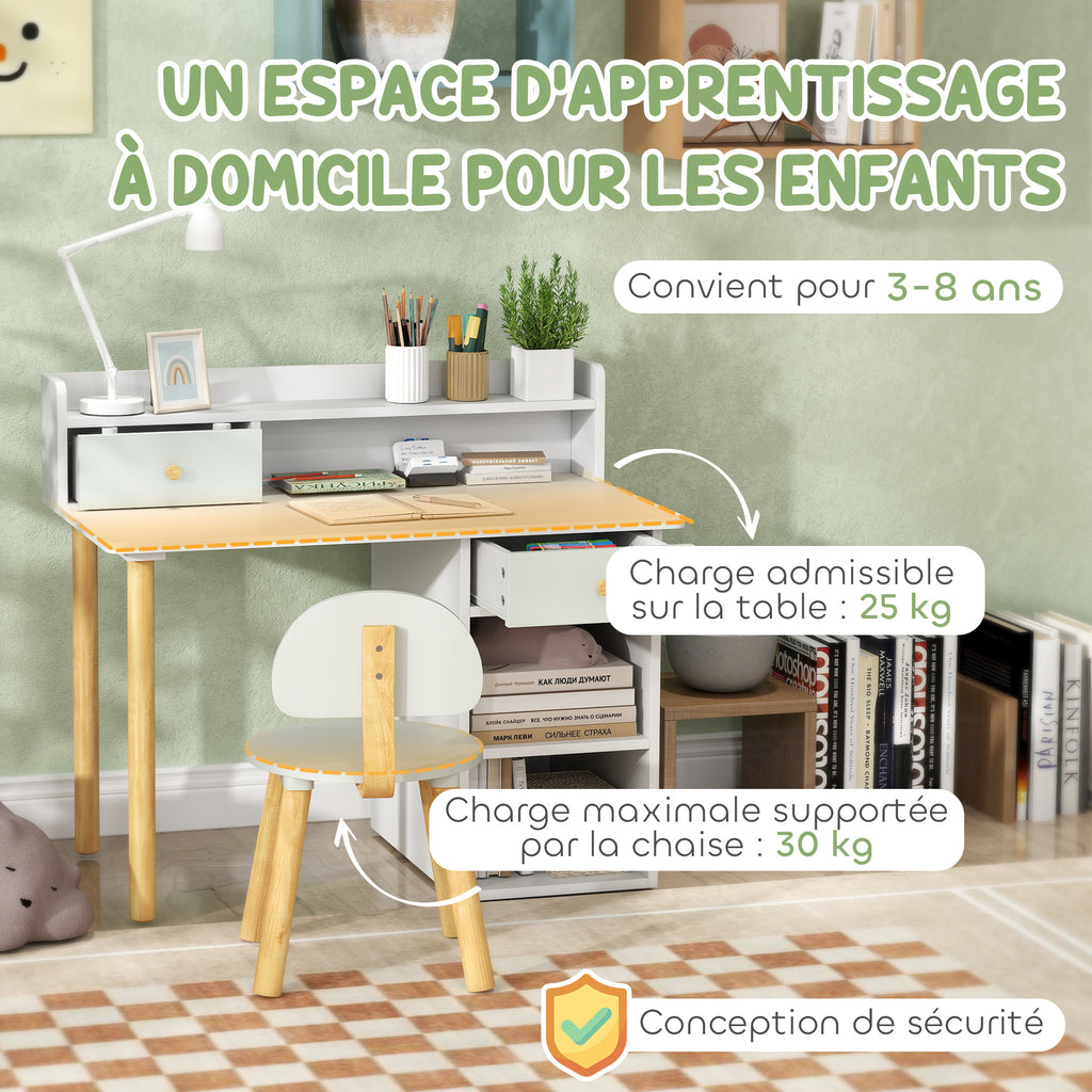 Bureau enfant avec chaise, table enfant et chaise avec 2 tiroirs et étagères ouvertes, 85 x 48 x 73 cm, vert-6