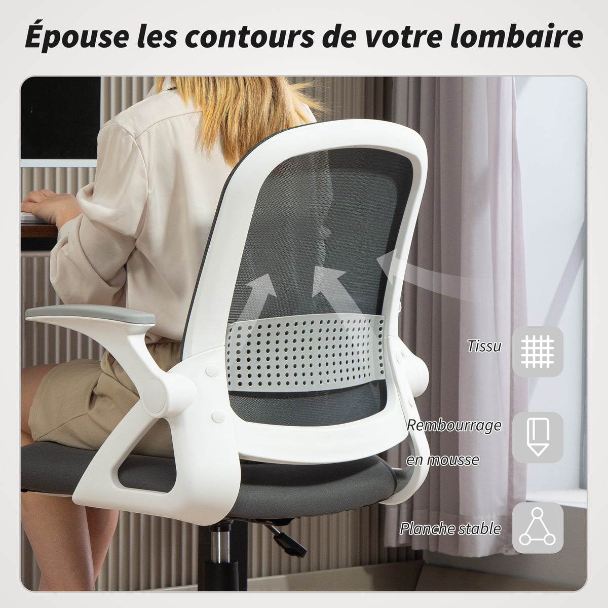 Chaise bureau ergonomique, fauteuil de bureau en maille avec accoudoirs relevables, hauteur réglable, gris-3