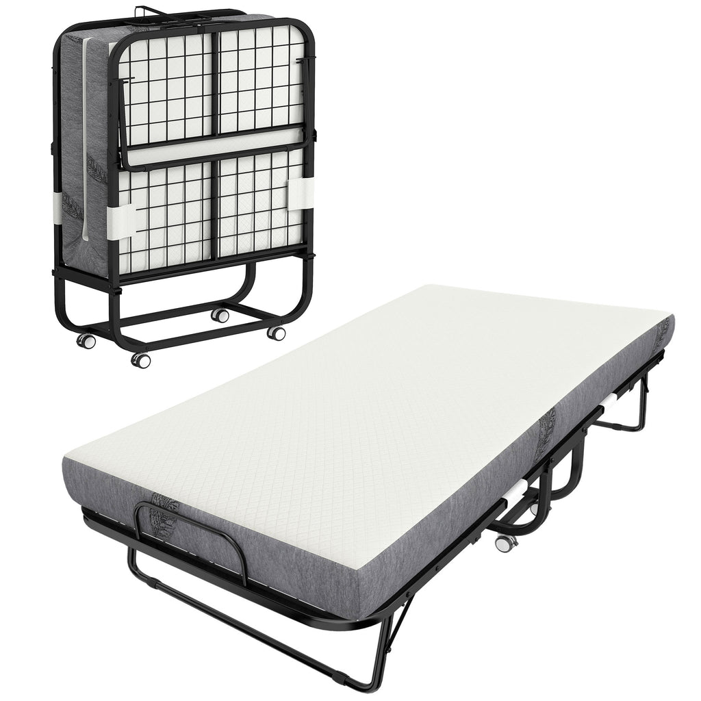 Lit pliant 1 personne 200 x 80 cm avec matelas, lit d'appoint pliable et portable sur roulettes, cadre en acier, blanc-0