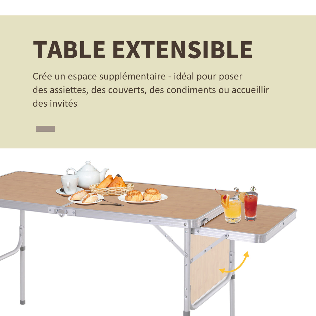 Table Pliante Table de Camping Table de Jardin avec rallonge Hauteur réglable Aluminium MDF Imitation Bambou-4