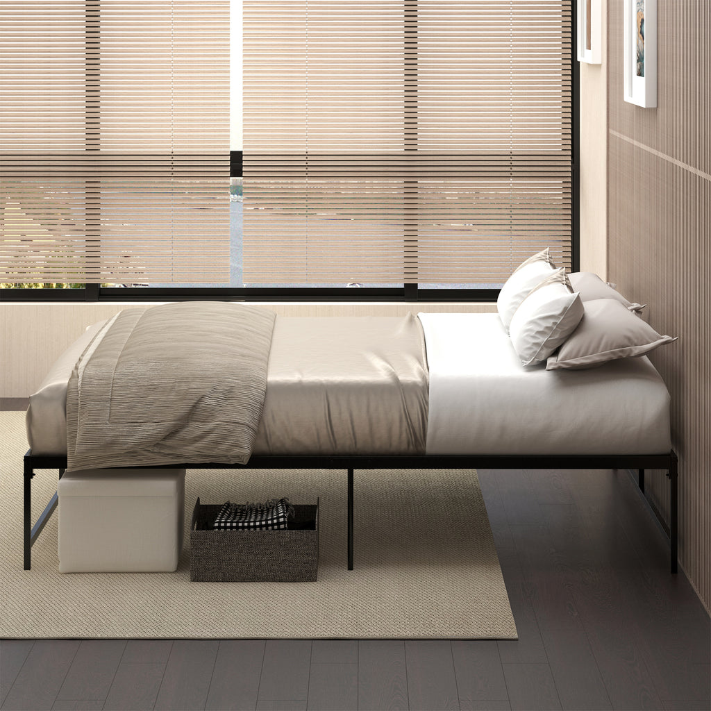 Cadre de lit double 140 x 190 cm, lit double 2 personnes en acier, hauteur 31 cm avec rangement, sommier à lattes, noir-8