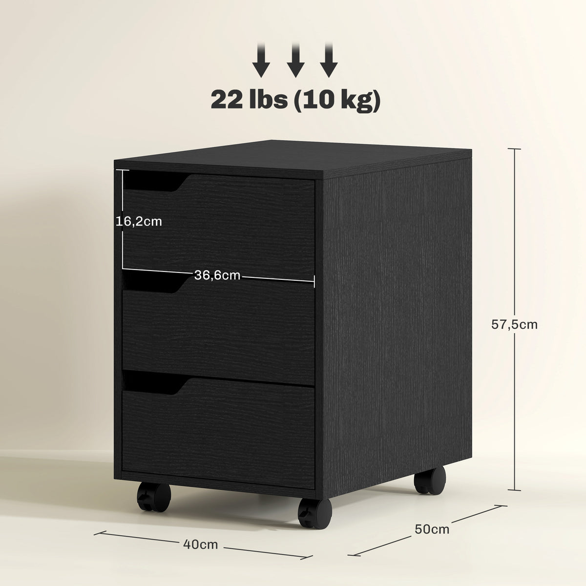 Caisson bureau mobile, meuble rangement bureau sur roulettes, 3 tiroirs, 40x50x57,5cm, noir-2
