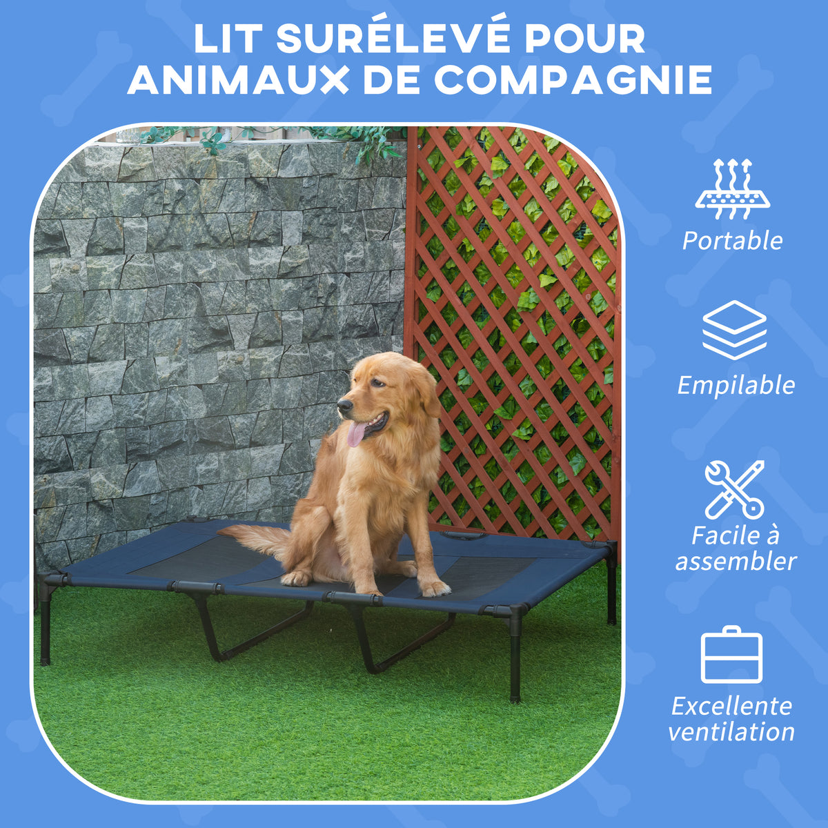 Lit sur pieds XXL pour chien chat lit de camp animal 122L x 92l x 23H cm bleu foncé-3