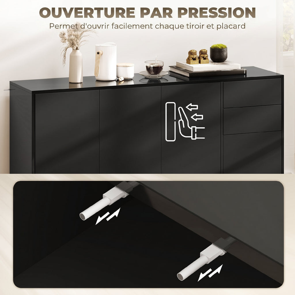Buffet meuble de rangement 2 tiroirs coulissants 4 portes étagère réglable panneaux de particules 140 x 36 x 74 cm noir-5