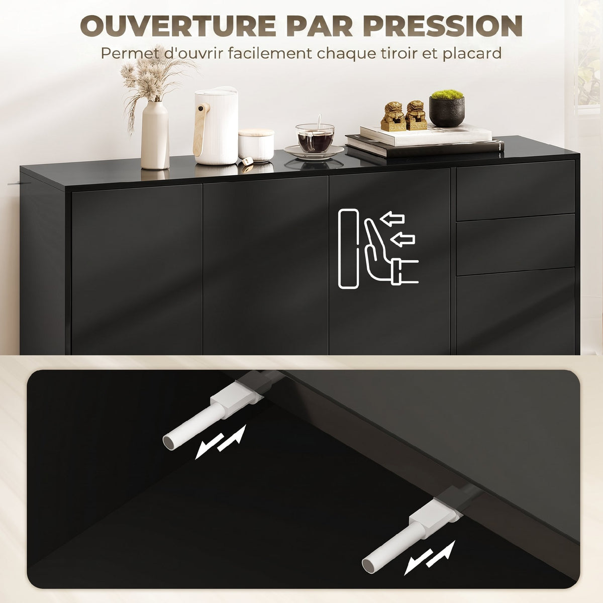 Buffet meuble de rangement 2 tiroirs coulissants 4 portes étagère réglable panneaux de particules 140 x 36 x 74 cm noir-5
