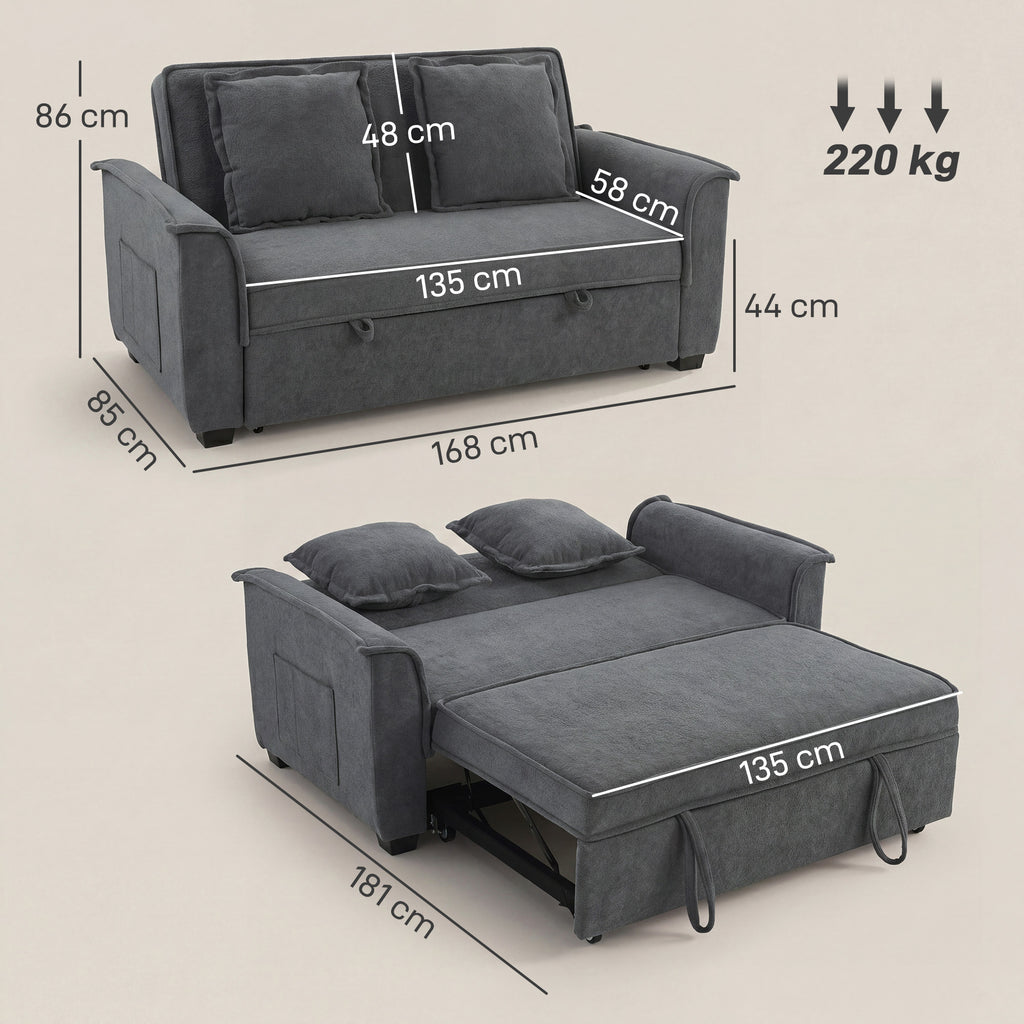 Canapé convertible 2 places, canapé-lit clic-clac en chenille, dossier réglable, 2 coussins, poche latérale, gris-2