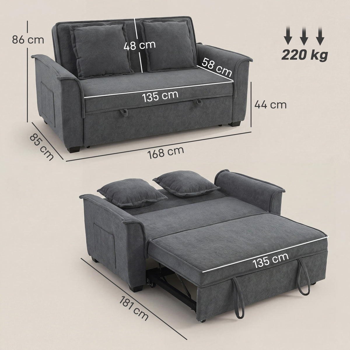 Canapé convertible 2 places, canapé-lit clic-clac en chenille, dossier réglable, 2 coussins, poche latérale, gris-2