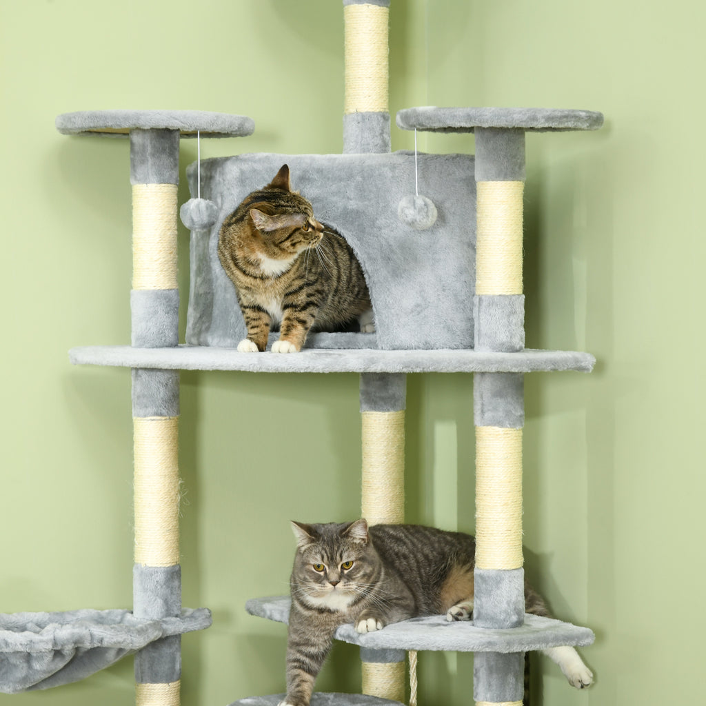 Tiragraffi XXL per gatti 200 cm con casette e amache, grigio chiaro