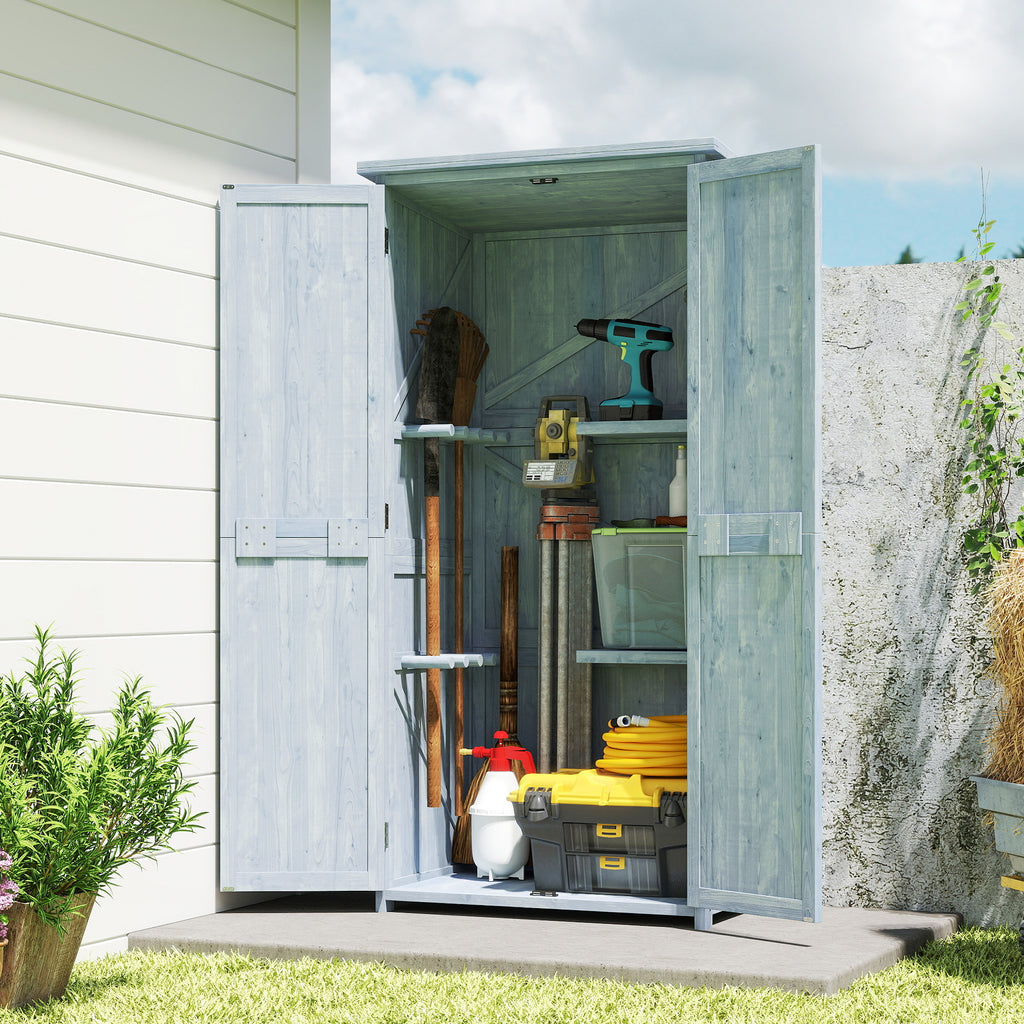 Armoire de jardin, armoire extérieure de rangement en bois avec 2 portes verrouillables, 2 étagères et 10 crochets, gris-9