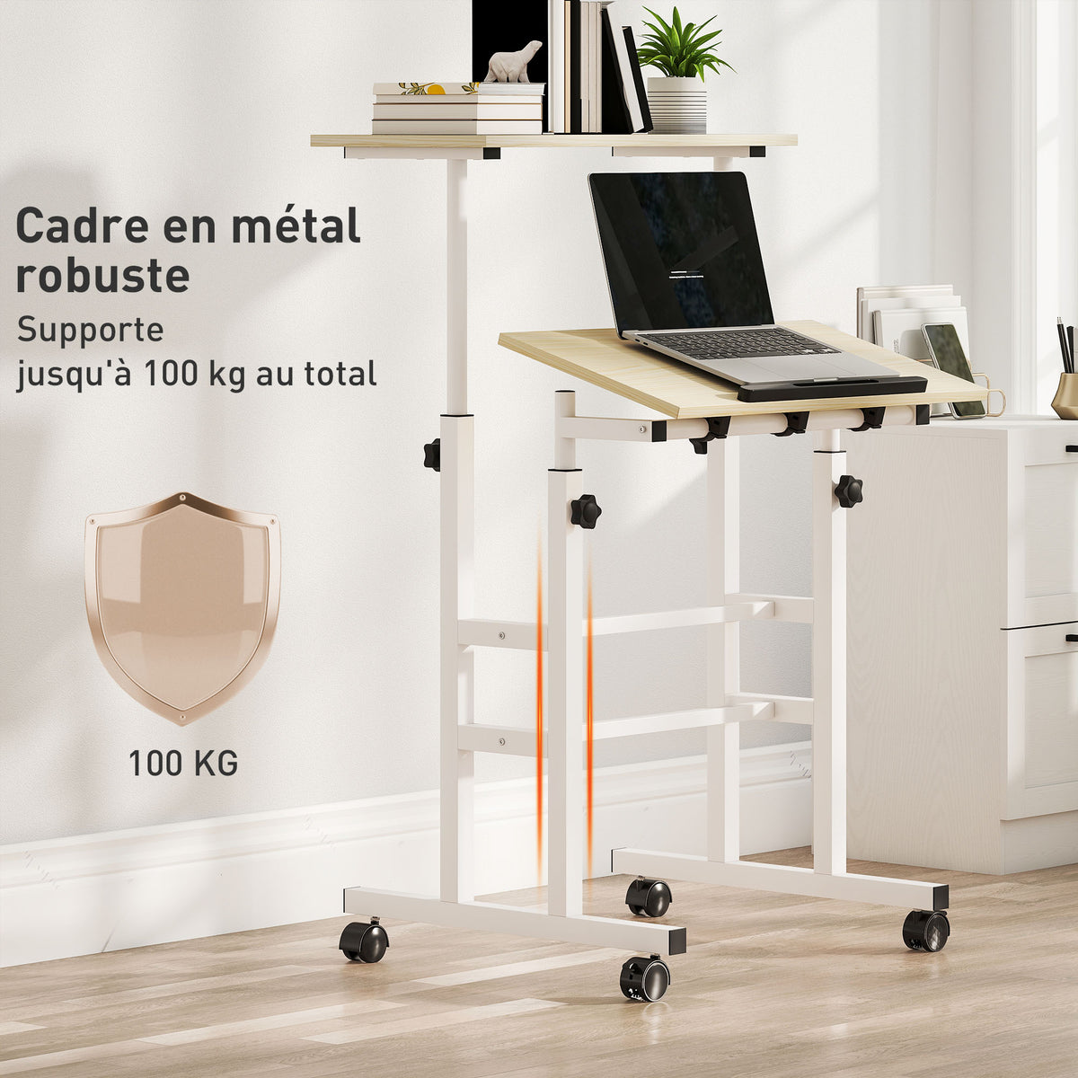 Bureau assis debout bureau réglable en hauteur 60 x 60 cm à roulettes avec plateau inclinable cadre en métal naturel-6