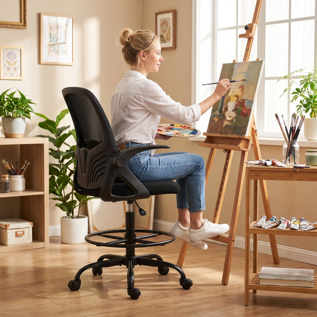 Chaise Bureau Ergonomique avec Soutien Lombaire Réglable, Chaise de Dessin en Maille, Accoudoirs Relevables, Noir-9