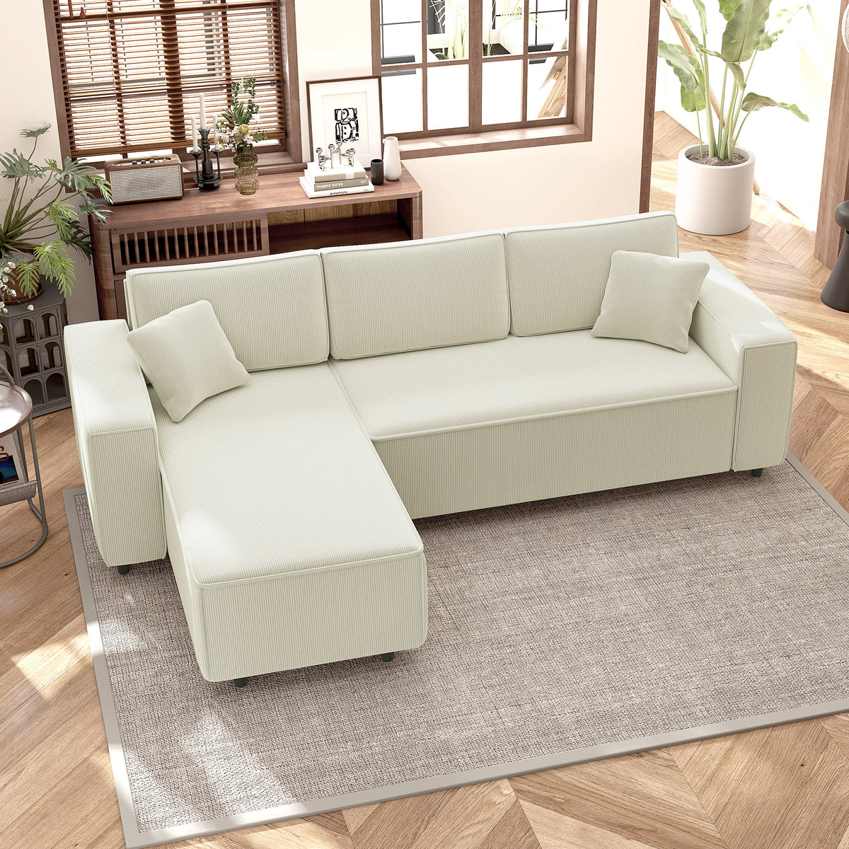 Canapé d'angle réversible 3 places moderne avec coussins inclus, tissu velours côtelé, crème-7