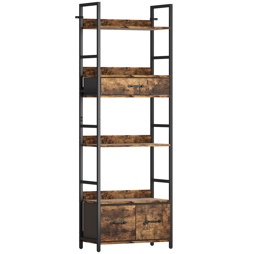 Bibliothèque étagère de rangement à 6 niveaux avec 4 étagères, 3 tiroirs en tissu, 60x30x176cm, brun rustique-0