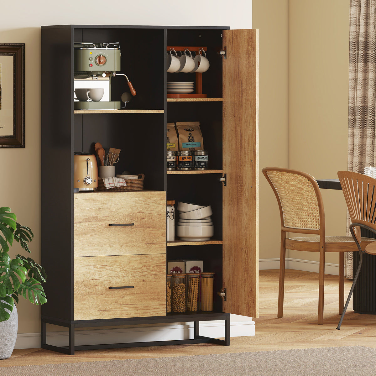 Armoire de cuisine meuble de rangement, 2 tiroirs 1 placard 2 niches et étagères réglables, 88x35x160cm, noir et naturel-9