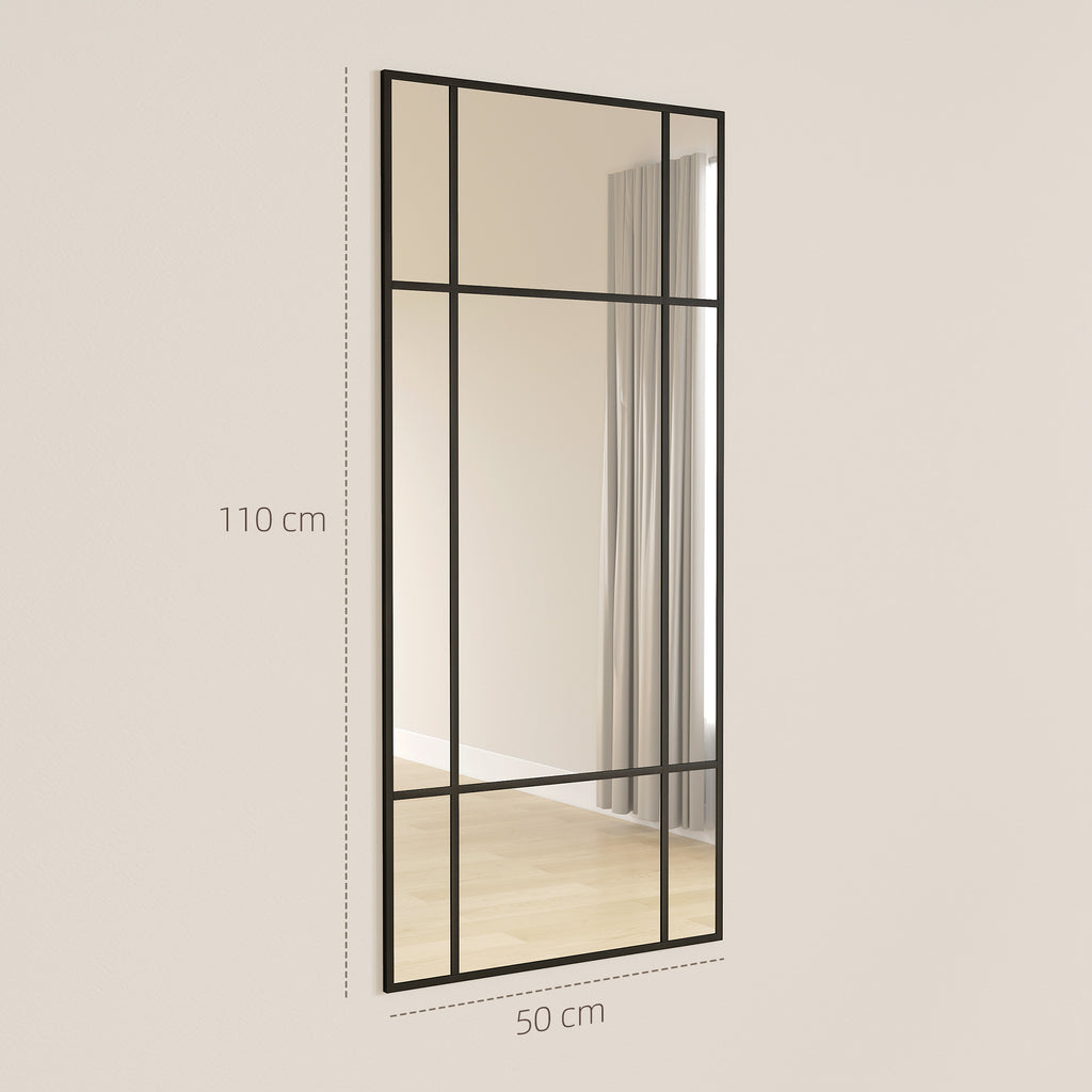 Miroir mural verrière rectangulaire style fenêtre, horizontal ou vertical avec 4 crochets, en métal noir - 110x50 cm-2
