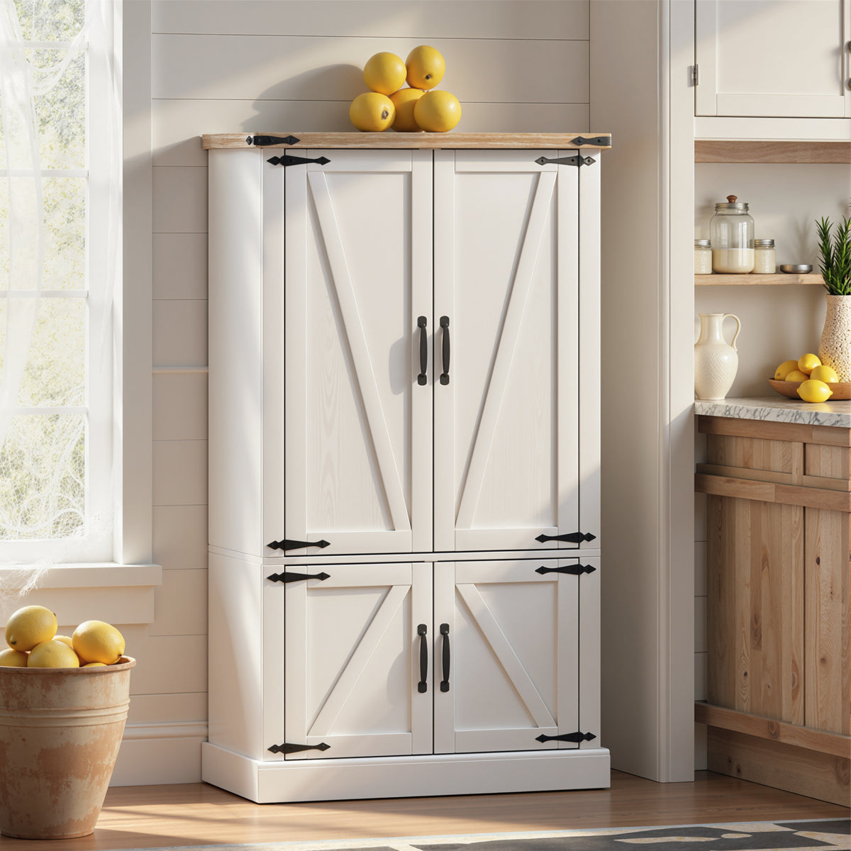 Buffet de cuisine, armoire de cuisine avec 4 portes, 6 porte-épices et étagères réglables, 76,3 x 40 x 136 cm, blanc-7