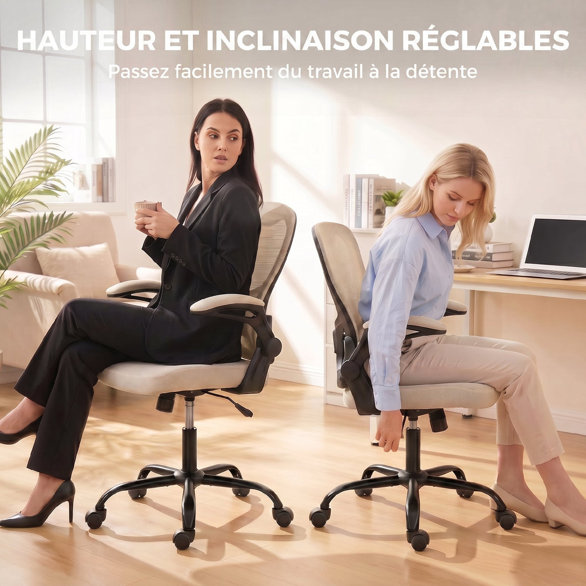 Chaise Bureau Ergonomique, Fauteuil de Bureau Maille, Accoudoirs Relevables, Hauteur Réglable, Fonction Bascule, Beige-4