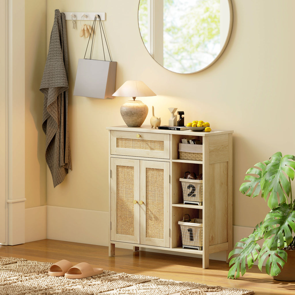 Buffet, meuble de rangement, 2 portes en rotin, tiroir, niches ouvertes, étagères réglables, 75x30x79,5cm, bois naturel-8