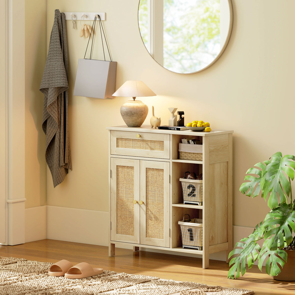 Buffet, meuble de rangement, 2 portes en rotin, tiroir, niches ouvertes, étagères réglables, 75x30x79,5cm, bois naturel-8