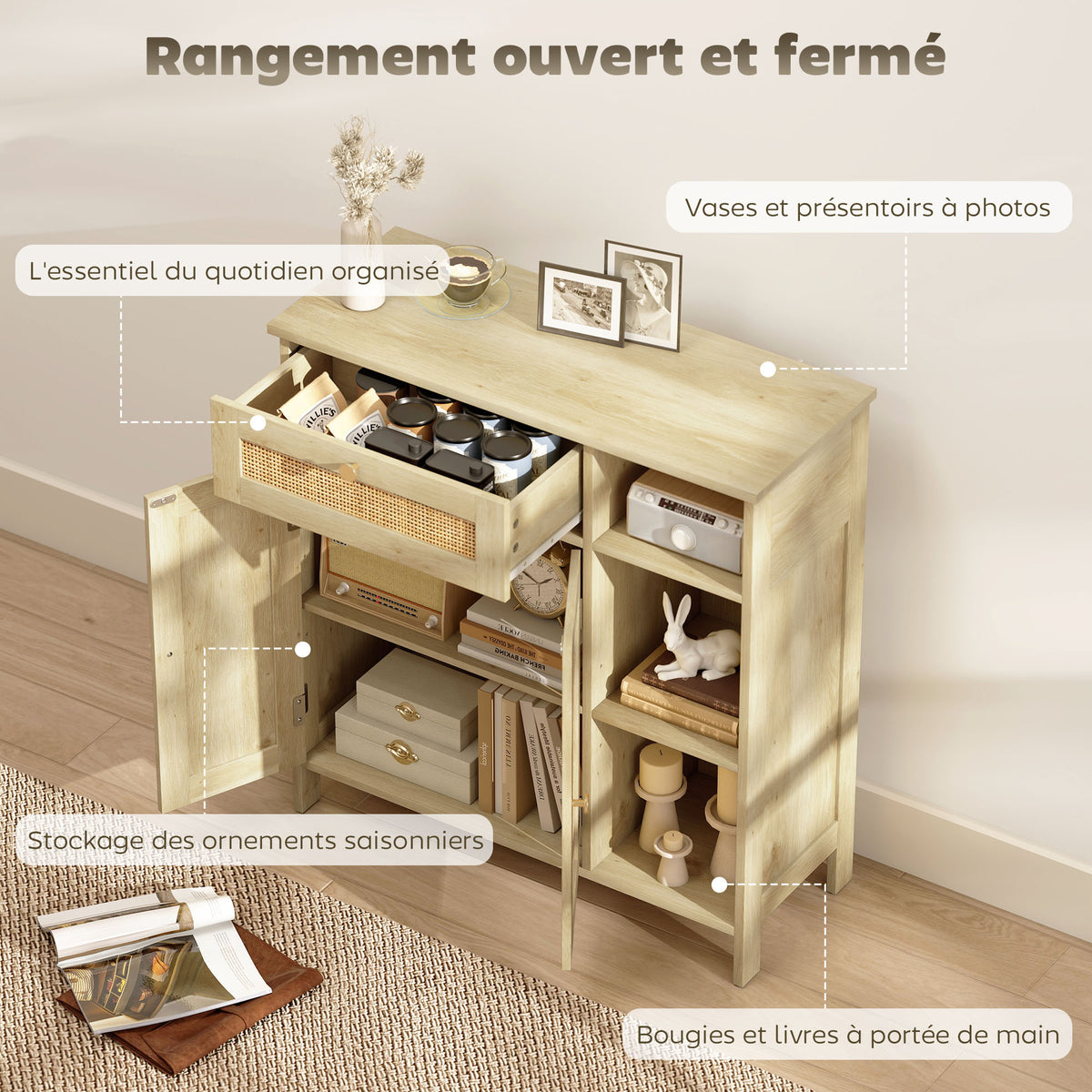 Buffet, meuble de rangement, 2 portes en rotin, tiroir, niches ouvertes, étagères réglables, 75x30x79,5cm, bois naturel-3