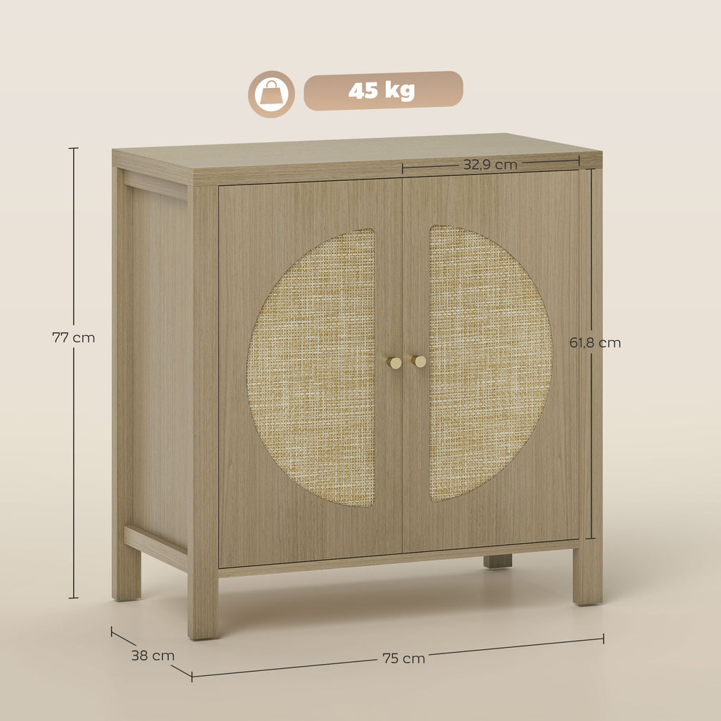 Buffet cuisine, meuble de rangement avec 2 portes effet rotin et étagère réglable, 75 x 38 x 77 cm, bois naturel-2