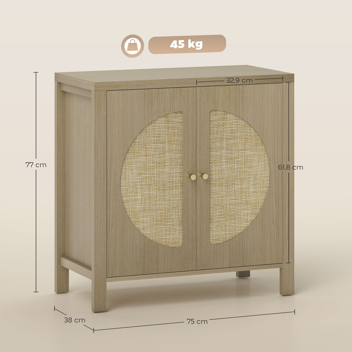 Buffet cuisine, meuble de rangement avec 2 portes effet rotin et étagère réglable, 75 x 38 x 77 cm, bois naturel-2