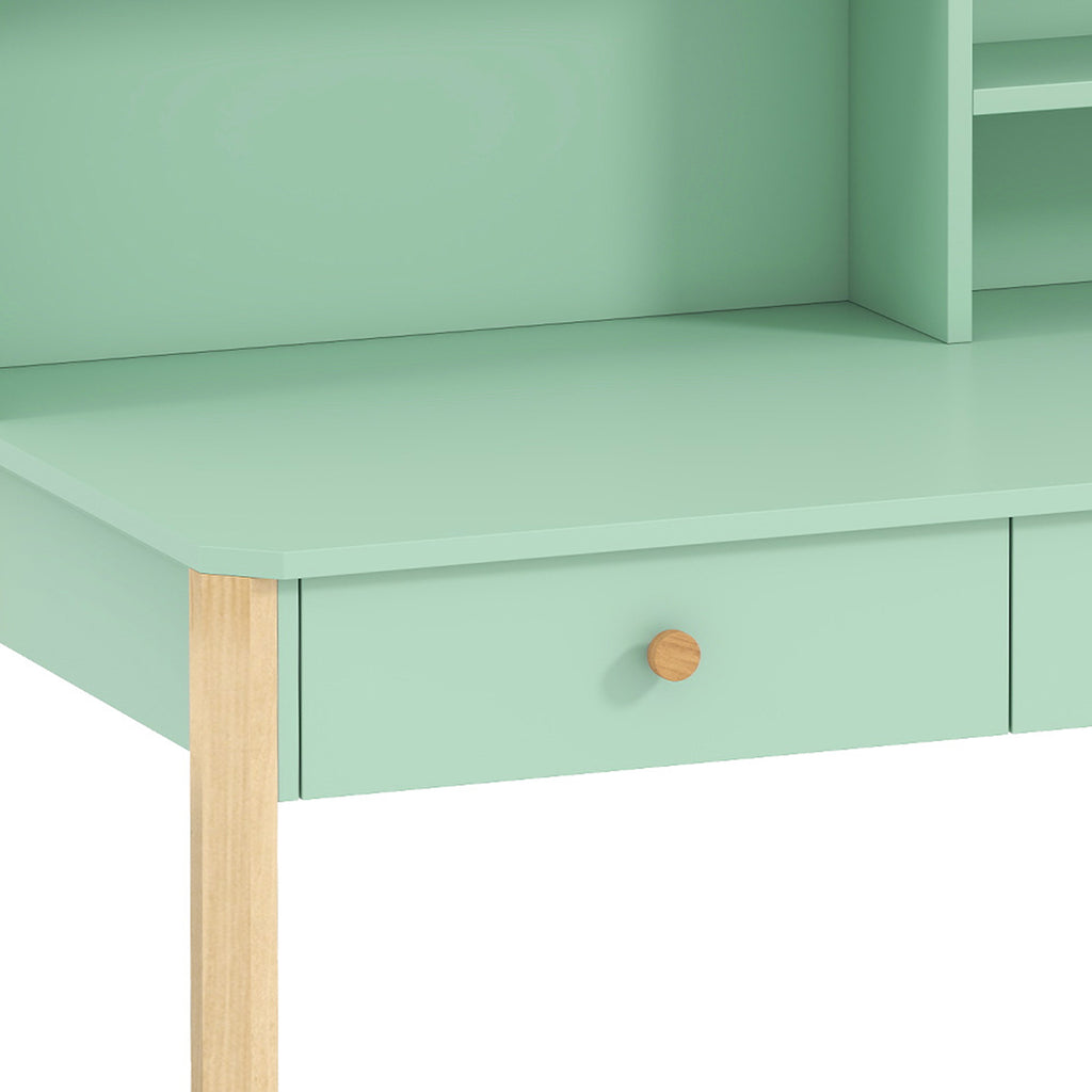 Bureau enfant en bois, bureau avec rangement, 2 tiroirs et 3 compartiments ouverts, plateau large, 90x52x105cm, vert-9