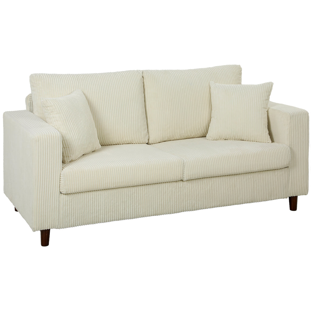 Canapé 2 Places en Velours Côtelé, Canapé de Salon Moderne 170 cm, Assise Large, Coussin à Ressorts, Crème-0