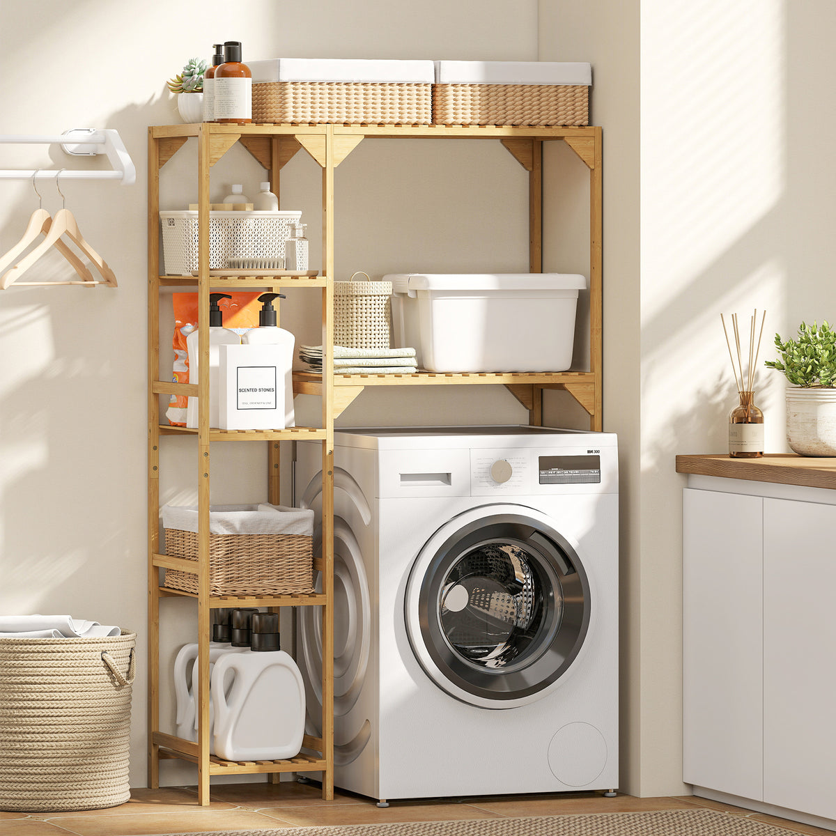 Étagère au-dessus de Machine à Laver en Bambou, Meuble de Salle de Bain Moderne avec Étagères Réversibles, Bois Naturel-9